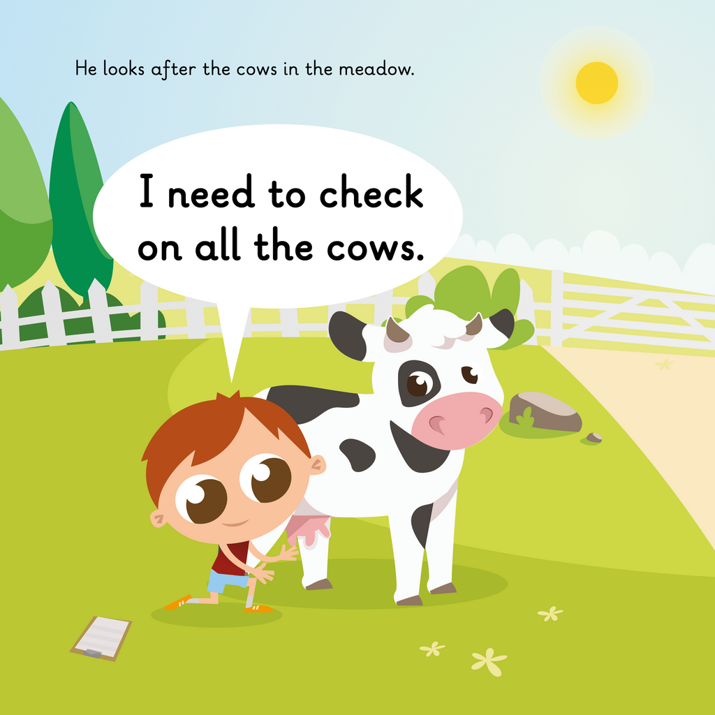 Learn phonics with Actiphons Powerful Howie reading book page 3 Powerful Howie is checking on all his cows in his field with the sun shining down on him