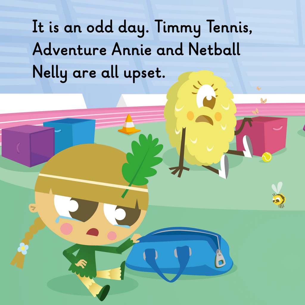 Learn phonics with Actiphons Prue Clue reading book page 1 Adventure Annie and Netball Nelly are sat on the grass inside Active Arena surrounded by coloured boxes  and a large blue sports bag