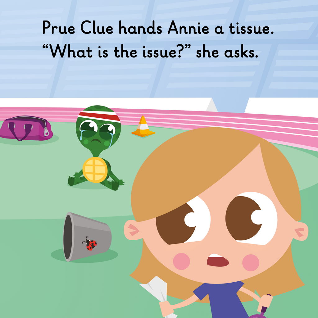 Learn phonics with Actiphons Prue Clue reading book page 2 Prue Clue is handing Timmy Tennis a tissue as he is upset inside the Active Arena