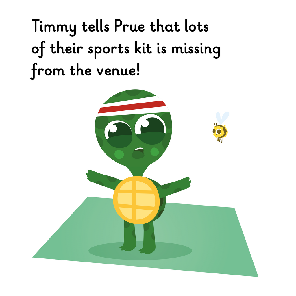 Learn phonics with Actiphons Prue Clue reading book page 3 Timmy Tennis has lost all his sports kit and he is upset