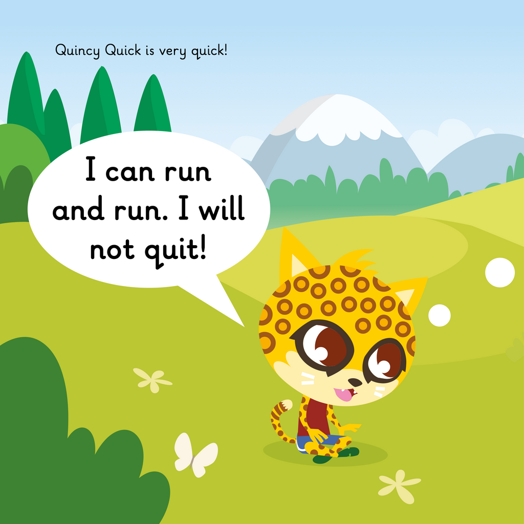 Learn phonics with Actiphons Quincy Quick reading book page 1 Quincy Quick is sat down in the meadow having a rest from running