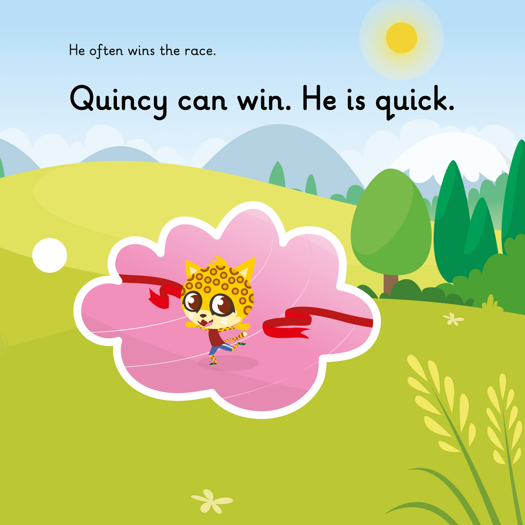 Learn phonics with Actiphons Quincy Quick reading book page 2 Quincy Quick is sat in the meadow dreaming of winning all his races being first across the line