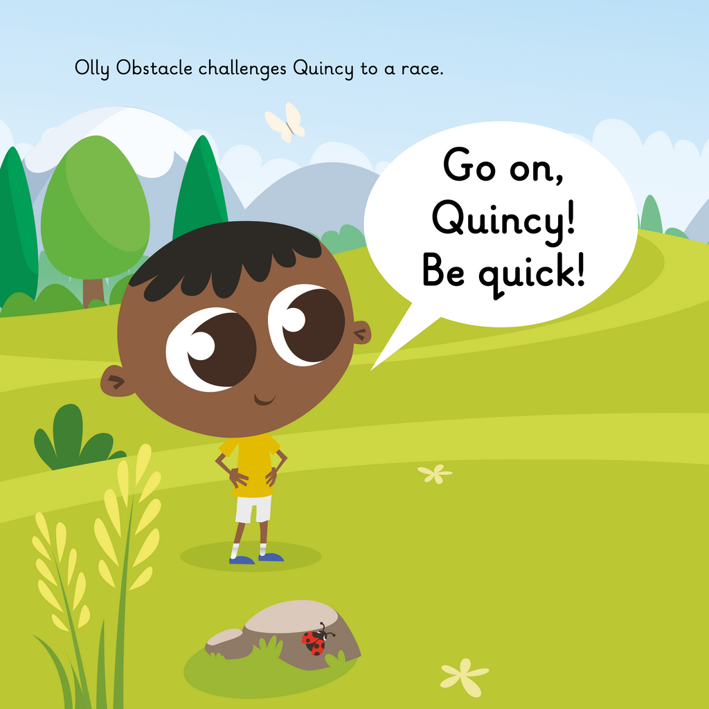 Learn phonics with Actiphons Quincy Quick reading book page 3 Quincy Quick is challenged by Olly Obstacle to a running race in the meadow