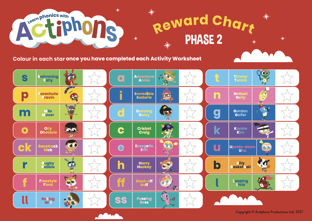 Phase 2 letters and sound reward chart with the Actiphons