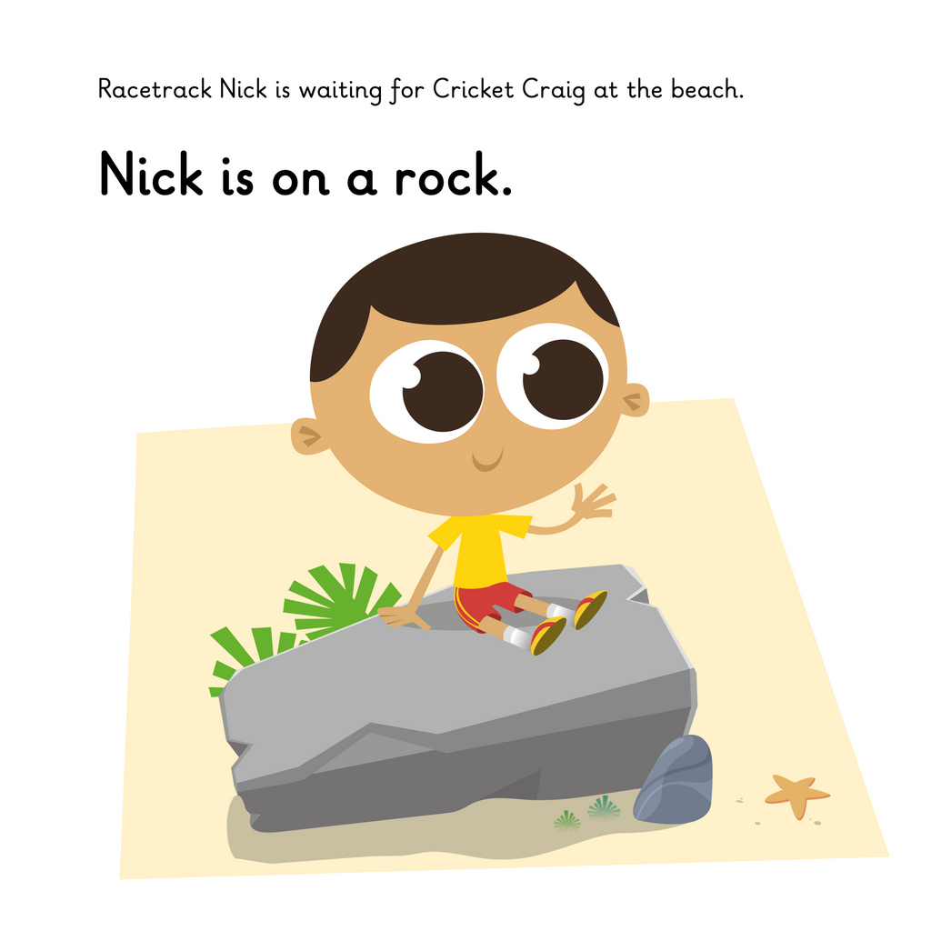 Learn phonics with Actiphons Racetrack Nick reading book page 1 Racetrack Nick sitting on a rock on the beach waiting for Cricket Craig