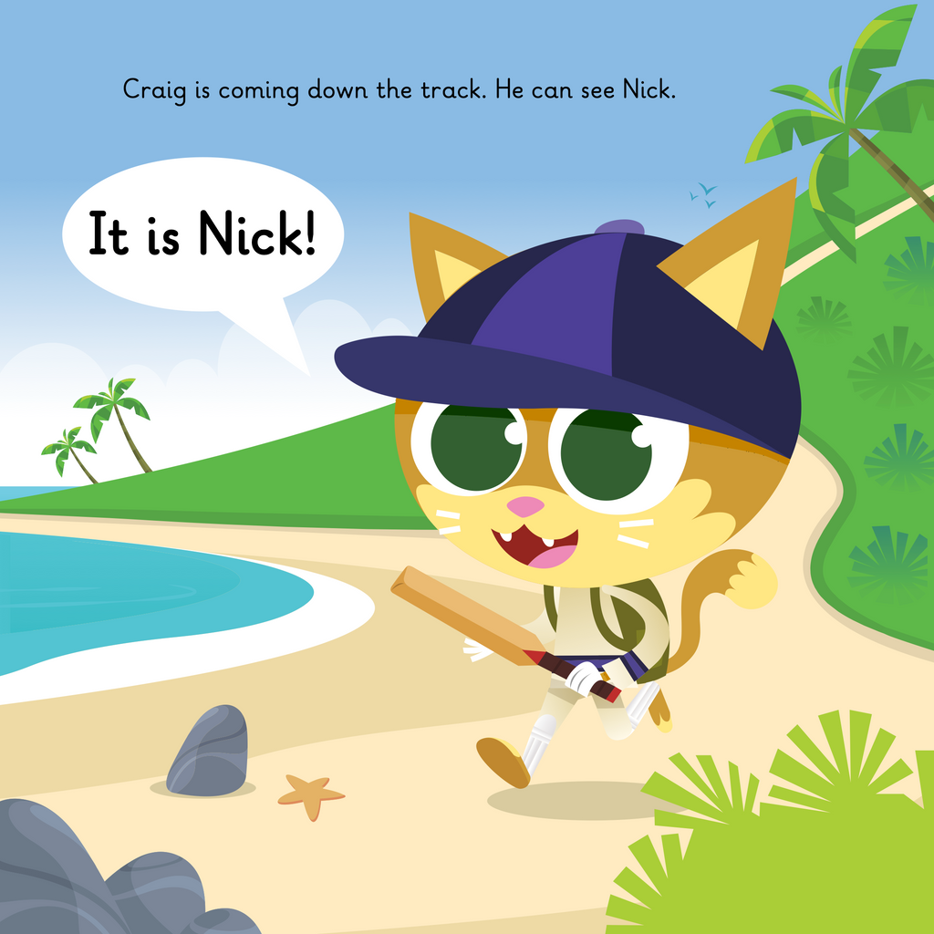 Learn phonics with Actiphons Racetrack Nick reading book page 2 Cricket Craig coming down a beach track to see Racetrack Nick