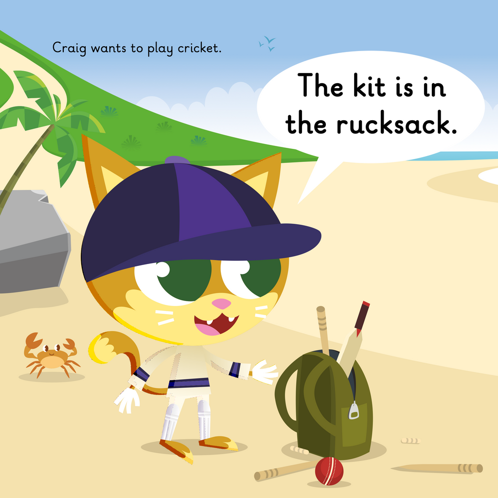 Learn phonics with Actiphons Racetrack Nick reading book page 3 Cricket Craig with his cricket rucksack on the beach