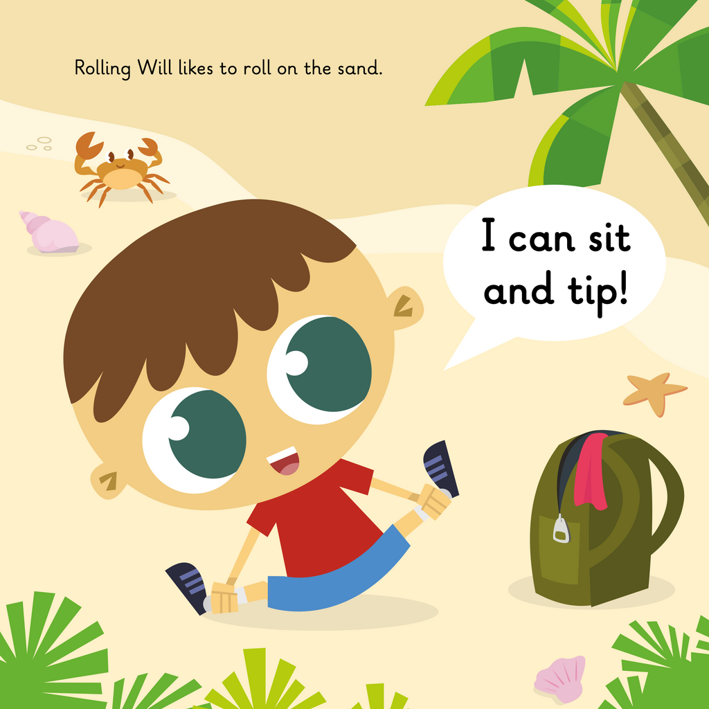 Learn phonics with Actiphons Rolling Will reading book page 1 Rolling Will rolling on the sand at the beach 