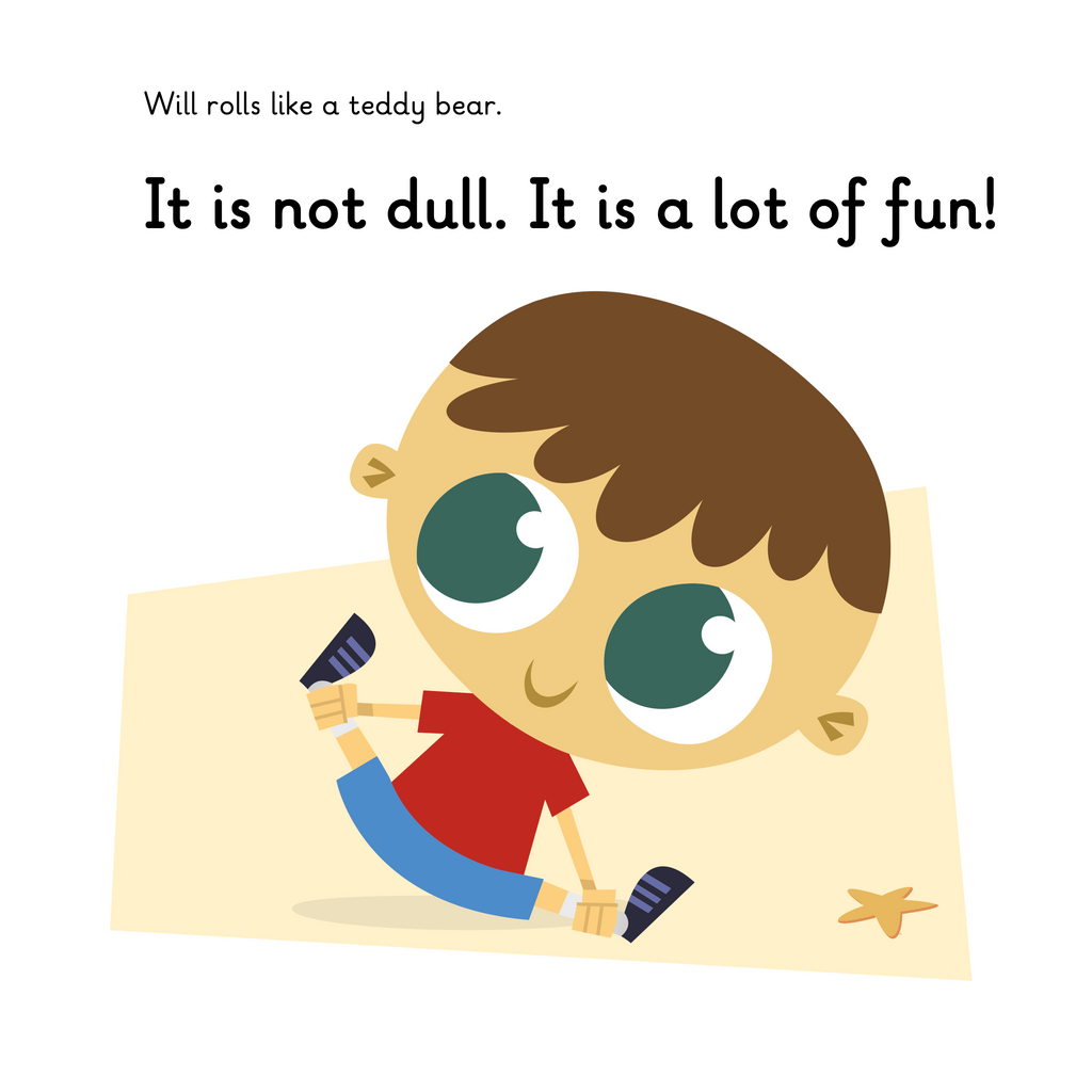 Learn phonics with Actiphons  Rolling Will reading book page 2 Rolling Will having lots of fun rolling on the sand at the beach