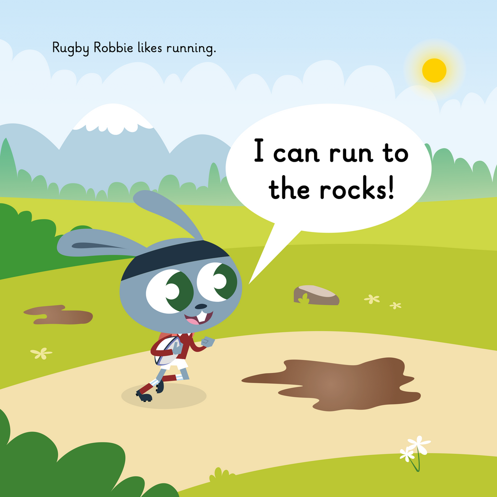 Learn phonics with Actiphons Rugby Robbie reading book page 1 Rugby Robbie running in the meadow with his rugby ball on a hot sunny day