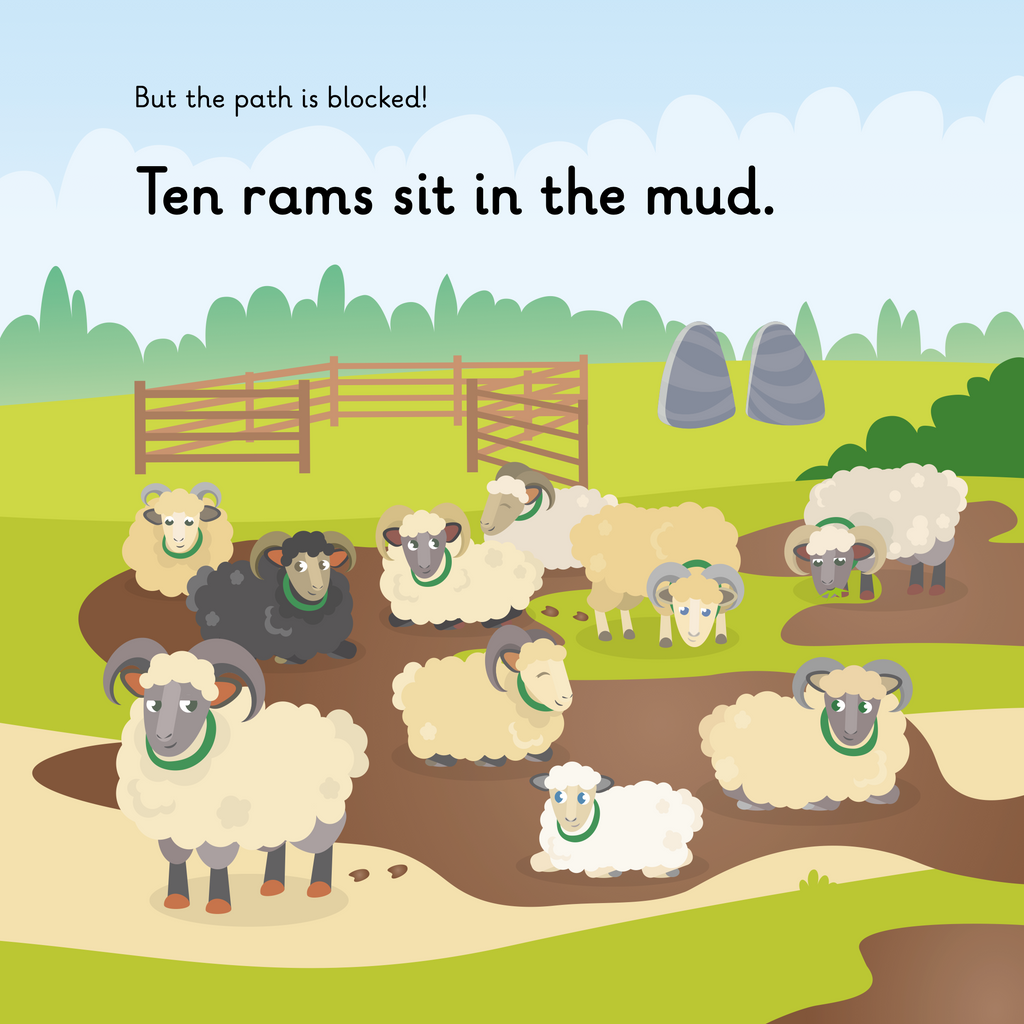 Learn phonics with Actiphons Rugby Robbie reading book page 2 Rugby Robbie's path is blocked with lots of sheep who have escaped from their pen