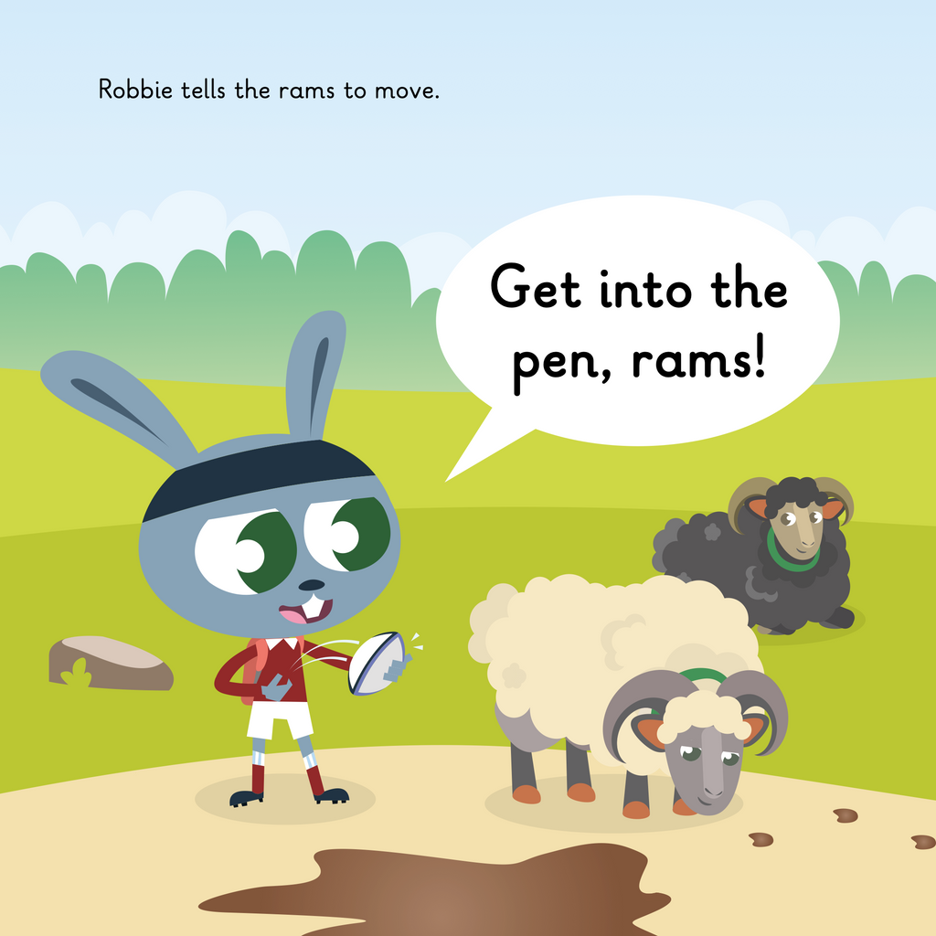 Learn phonics with Actiphons Rugby Robbie reading book page 3 Rugby Robbie telling some rams to move who are in his way