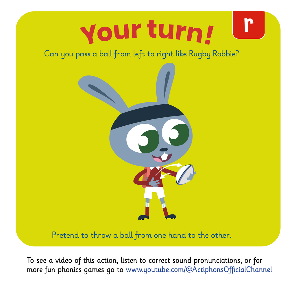 Learn phonics with Actiphons Rugby Robbie 'r' sound reading book Your Turn page showing children how pass a ball from one hand to the other like Rugby Robbie