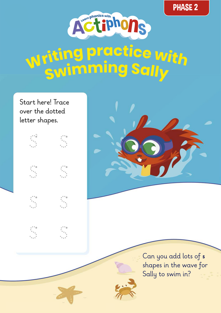 Phase 2 Swimming Sally letter formation activity sheet