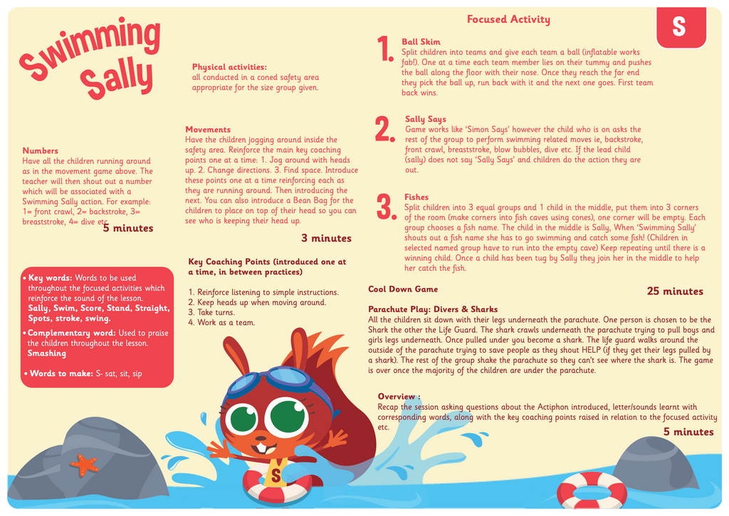 Phase 2 Physical Phonics sporty 's' games with Swimming Sally