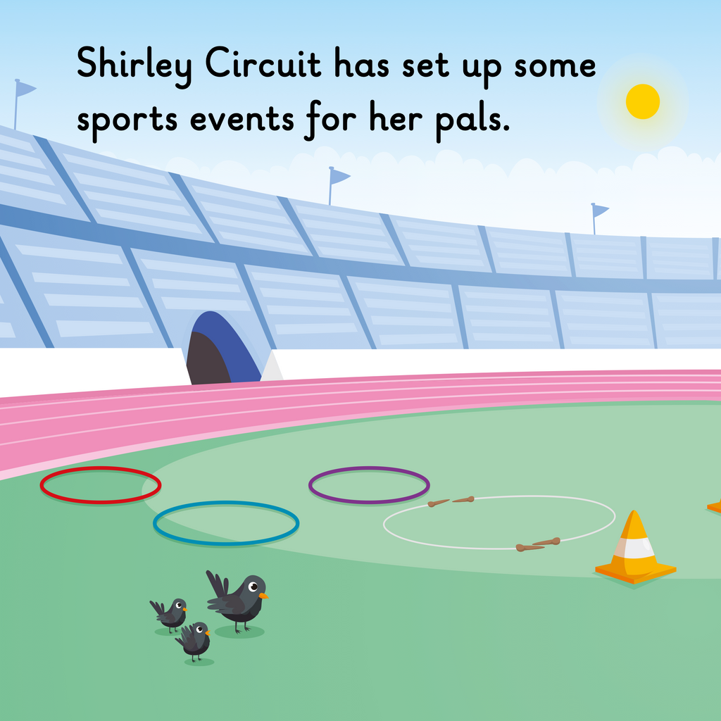 Learn phonics with Actiphons Shirley Circuit reading book page 1 Shirley Circuit is setting up some sports events with her hoops, cones and skipping ropes inside the Active Arena