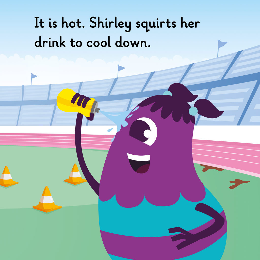 Learn phonics with Actiphons Shirley Circuit reading book page 2 Shirley Circuit is squirting her water on herself to cool down inside the Active Arena as it's a hot sunny day 