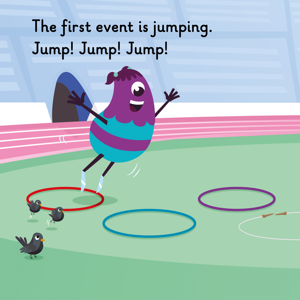 Learn phonics with Actiphons Shirley Circuit reading book page 3 Shirley Circuit is jumping between the hoops she has laid out on the grass inside the Active Arena