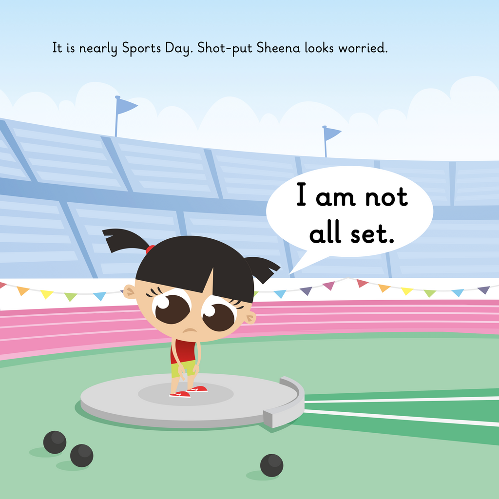 Learn phonics with Actiphons Shot-put Sheena reading book page 1 Shot-put Sheena is practising her throwing inside the Active Arena