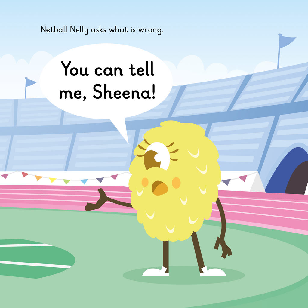 Learn phonics with Actiphons Shot-put Sheena reading book page 2 Netabll Nelly is asking Shot-put Sheena what is the matter