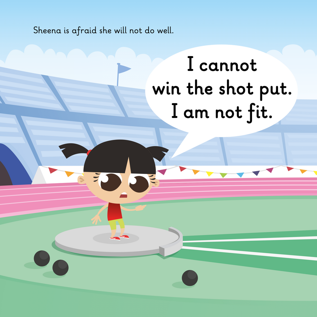 Learn phonics with Actiphons Shot-put Sheena reading book page 3 Shot-put Sheena is feeling sad as she thinks she is not fit enough to win her shot-put competition