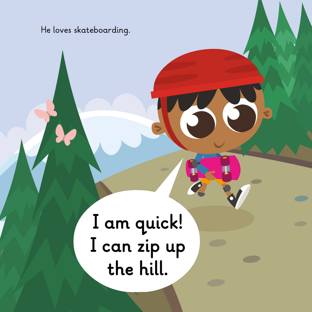Learn phonics with Actiphons Speedy Faheem reading book page 2 Faheem is walking up the hill with his skateboard and his red helmet on