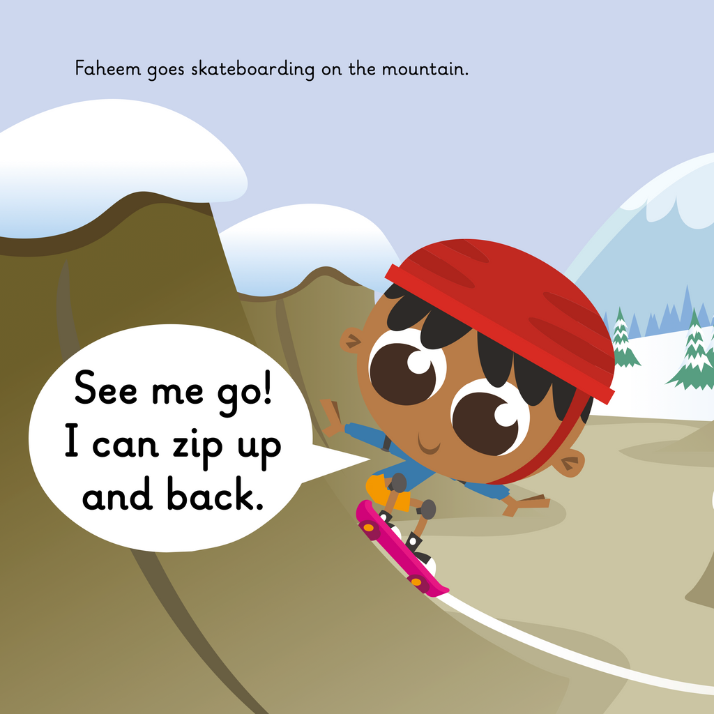 Learn phonics with Actiphons Speedy Faheem reading book page 3 Faheem is racing down the snowy mountain on his skate with his red helmet on