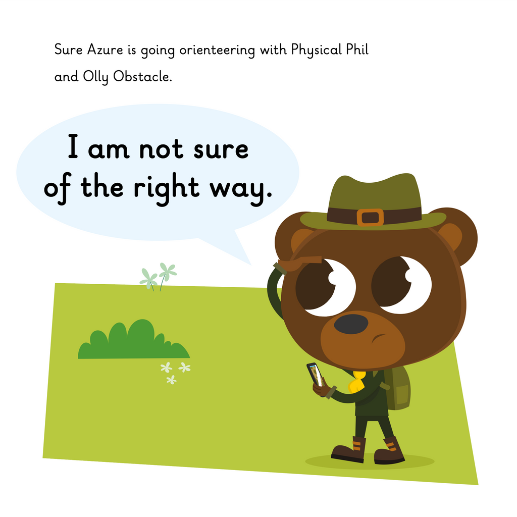 Learn phonics with Actiphons Sure Azure reading book page 1 Sure Azure is going orienteering and is wearing his special walking boots, hat and carrying his compass