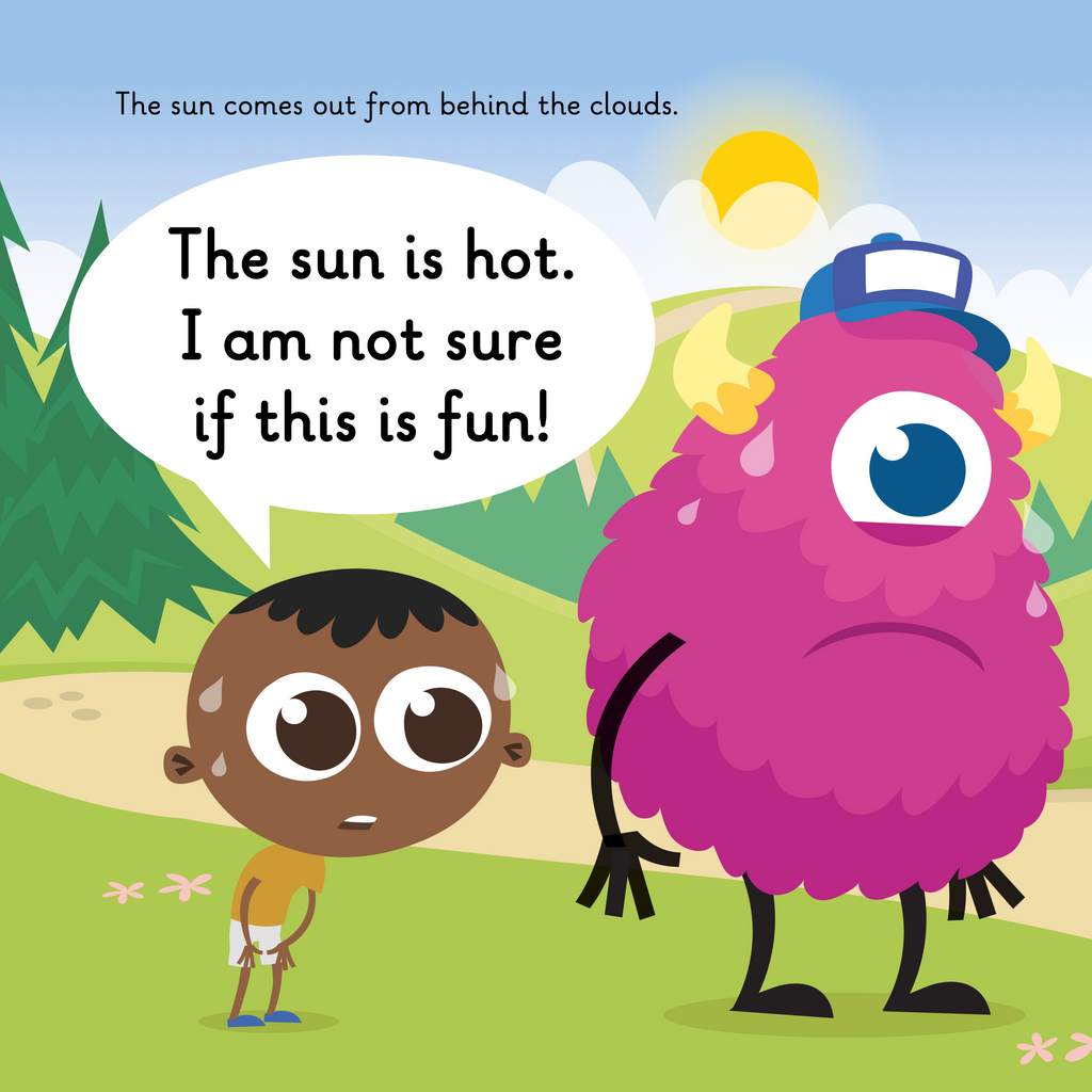 Learn phonics with Actiphons Sure Azure reading book page 3 Physical Phil and Olly Obstacle are very hot as the sun has come out from  behind the clouds