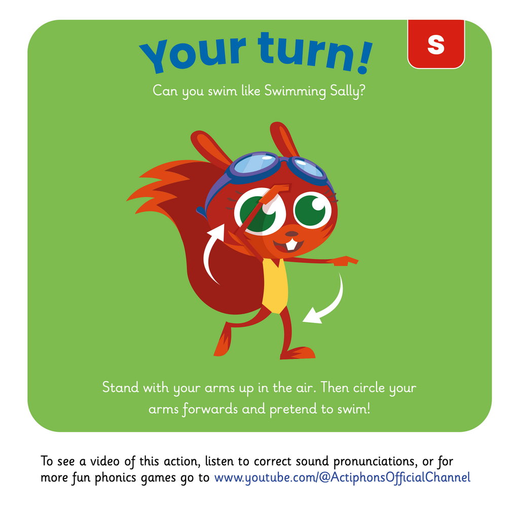 Learn phonics with Actiphons Swimming Sally 's' sound reading book Your Turn page showing children how circle their arms forwards pretending to swim like Swimming Sally