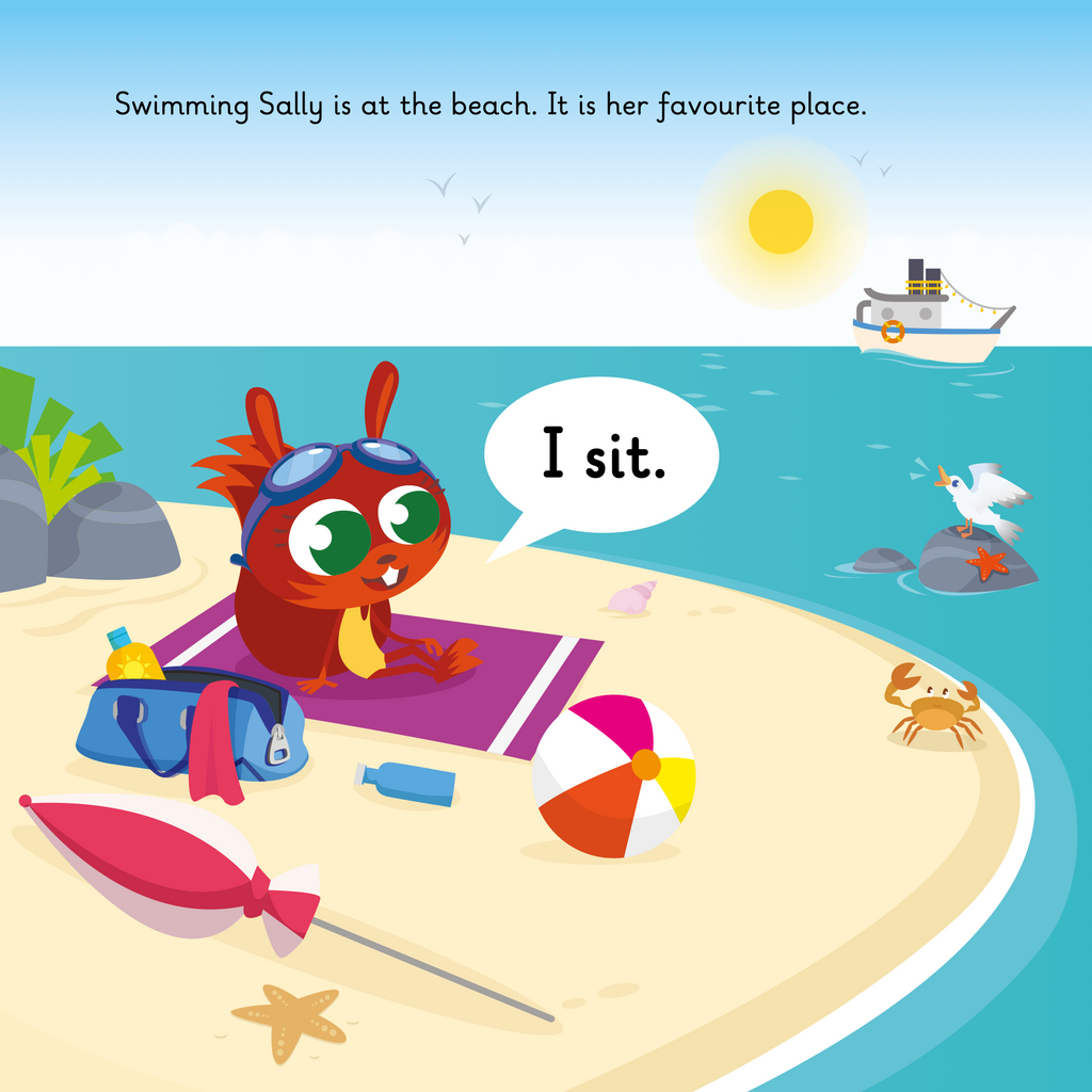 Learn phonics with Actiphons Swimming Sally reading book page 1 Swimming Sally sunbathing at the beach watching a boat sail by 