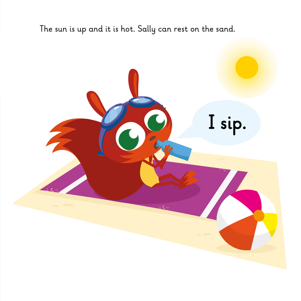 Learn phonics with Actiphons Swimming Sally reading book page 2 Swimming Sally having a drink of water at the beach whilst sunbathing