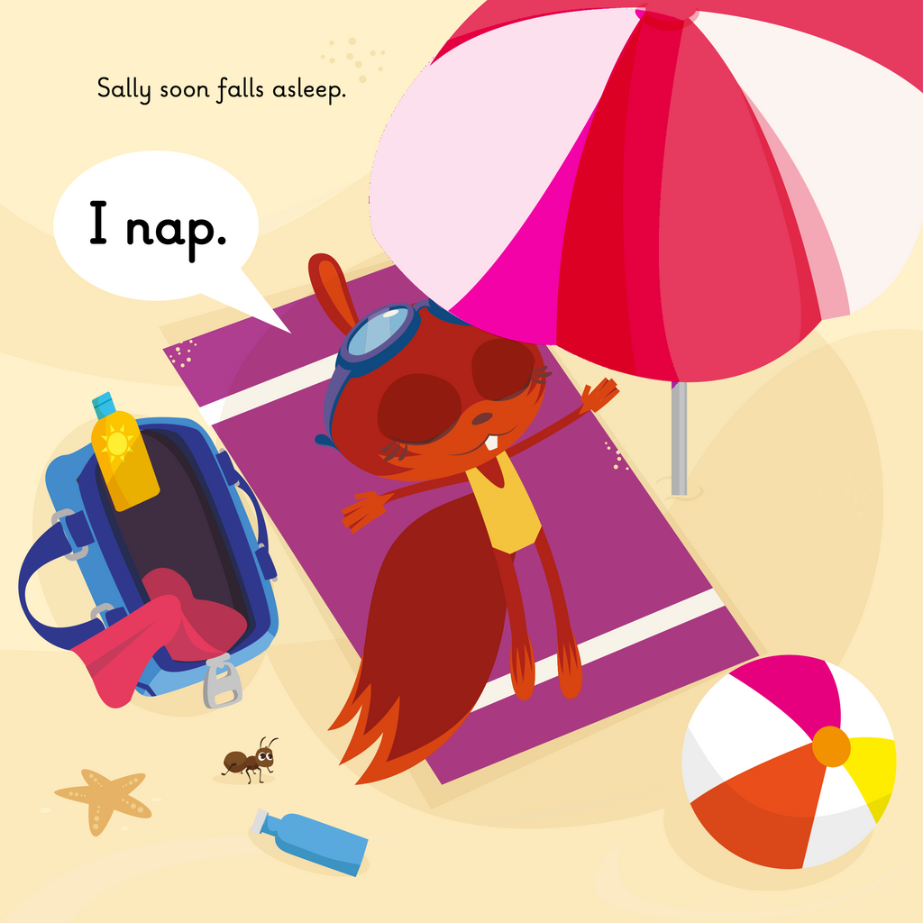 Learn phonics with Actiphons Swimming Sally reading book page 3 Swimming Sally sunbathing at the beach sleeping under a parasol 