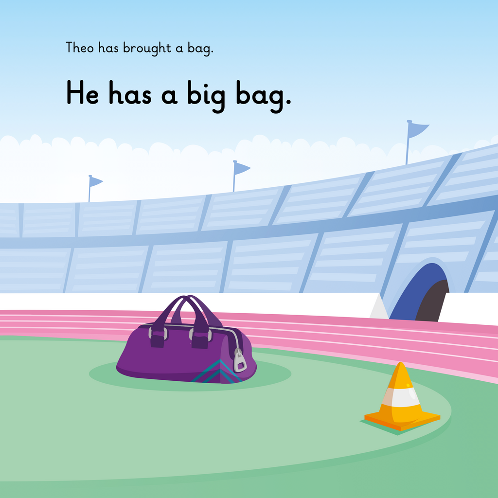 Learn phonics with Actiphons Throwing Theo reading book page 2 Throwing Theo has brought his big bag to the Active Arena along with a cone to practise some throwing