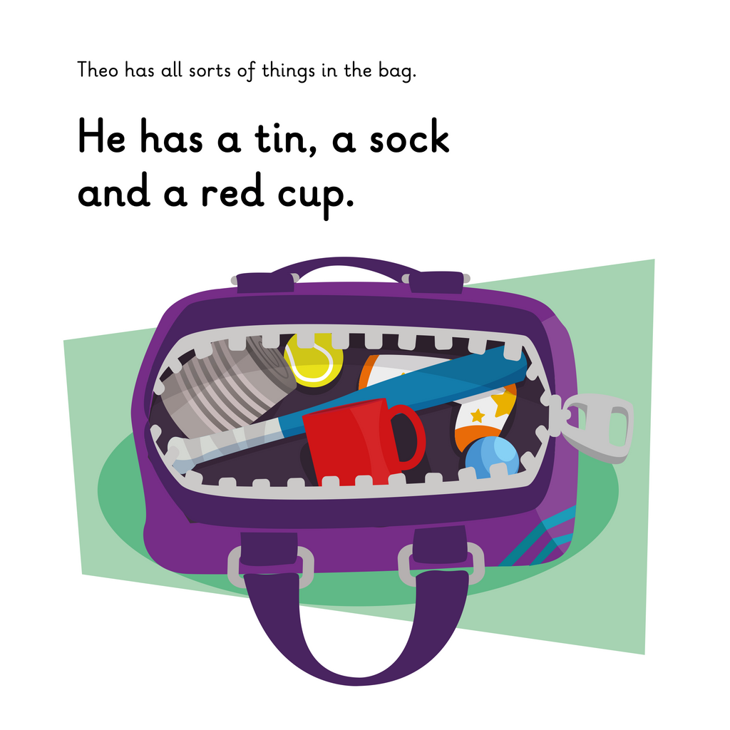 Learn phonics with Actiphons Throwing Theo reading book page 3 Throwing Theo shows us inside his sports bag that has a bat, ball, cup and spare pair of socks in