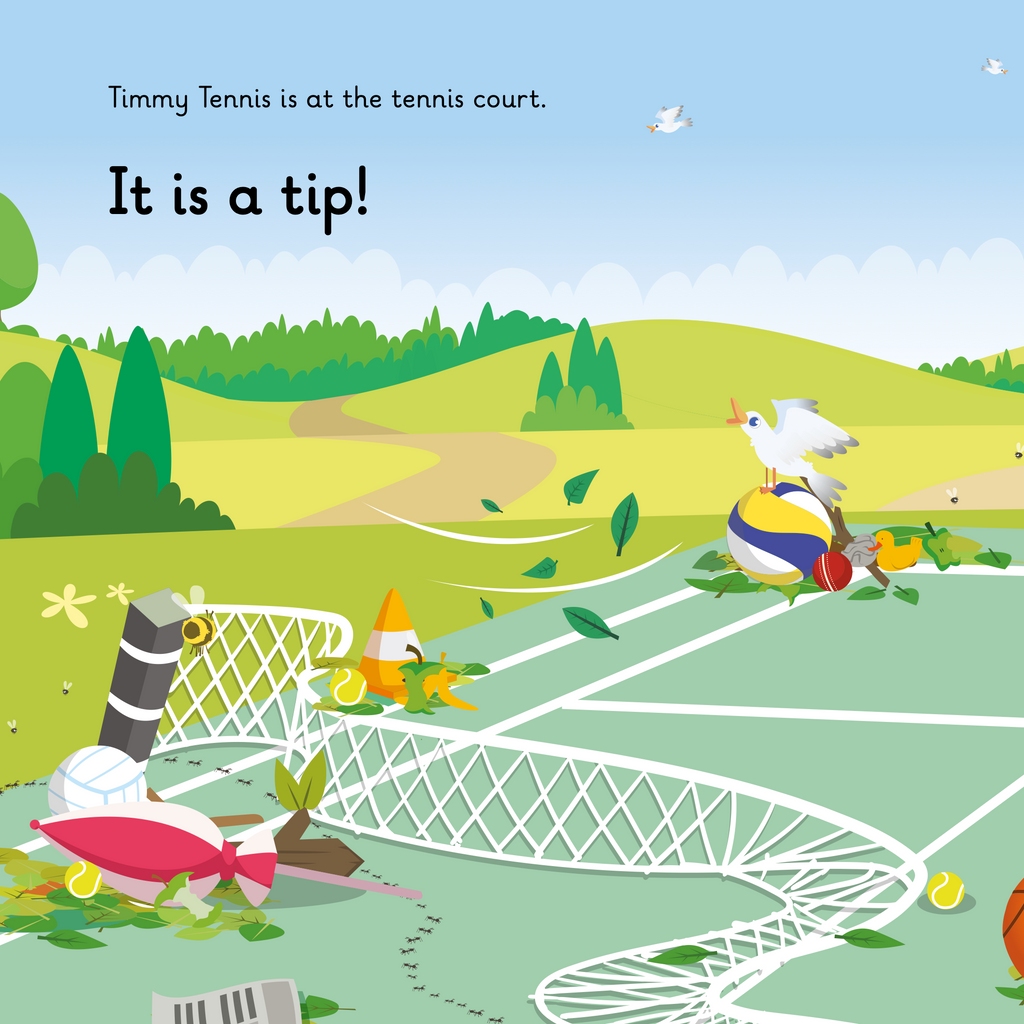 Learn phonics with Actiphons Timmy Tennis reading book page 1 Timmy Tennis finds his tennis court looking a tip. His net is broken and leaves are on the court 