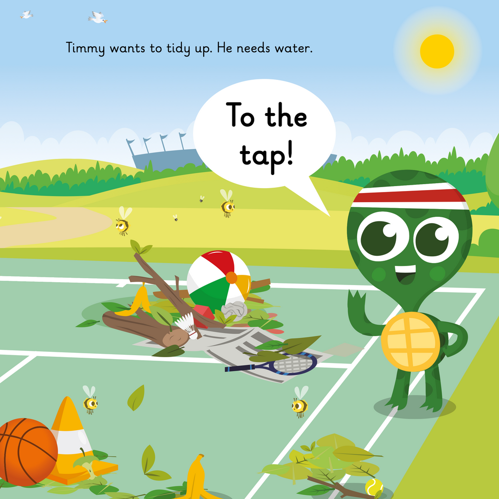 Learn phonics with Actiphons Timmy Tennis reading book page 2 Timmy Tennis tidying up his messy tennis court in the hot sun shine