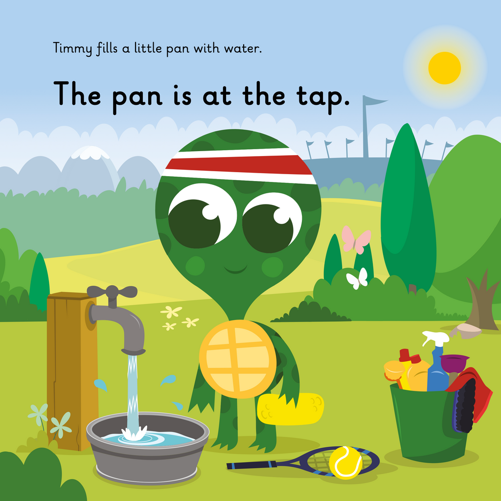 Learn phonics with Actiphons Timmy Tennis reading book page 3 Timmy Tennis filling up a pan with water to clean his tennis court