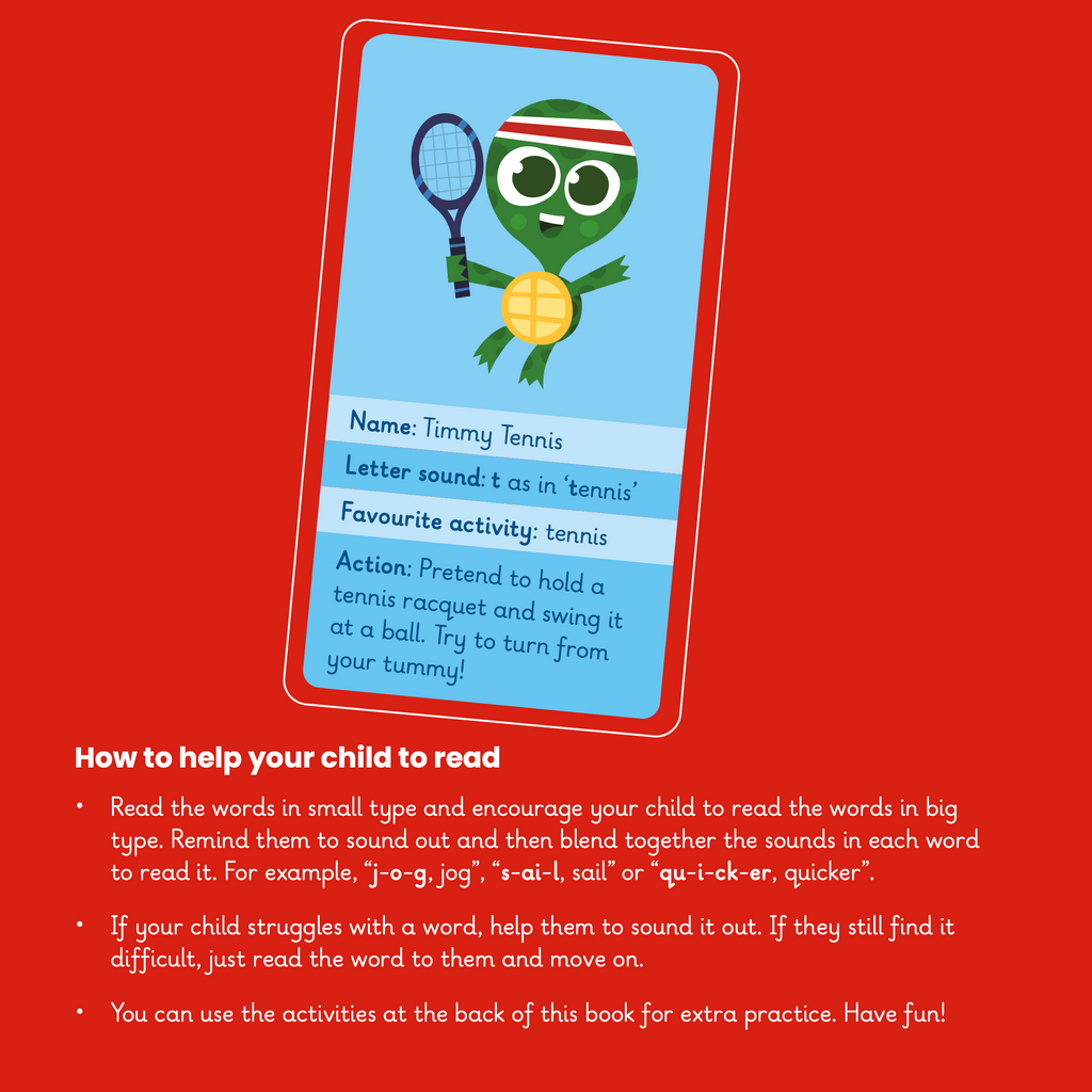 Learn phonics with Actiphons Timmy Tennis 't' sound reading book help your child to read page