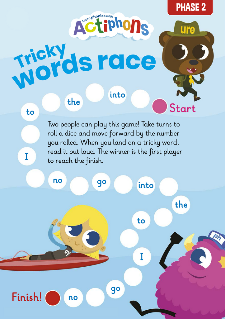 Actiphons Phase 2 tricky words race activity sheet