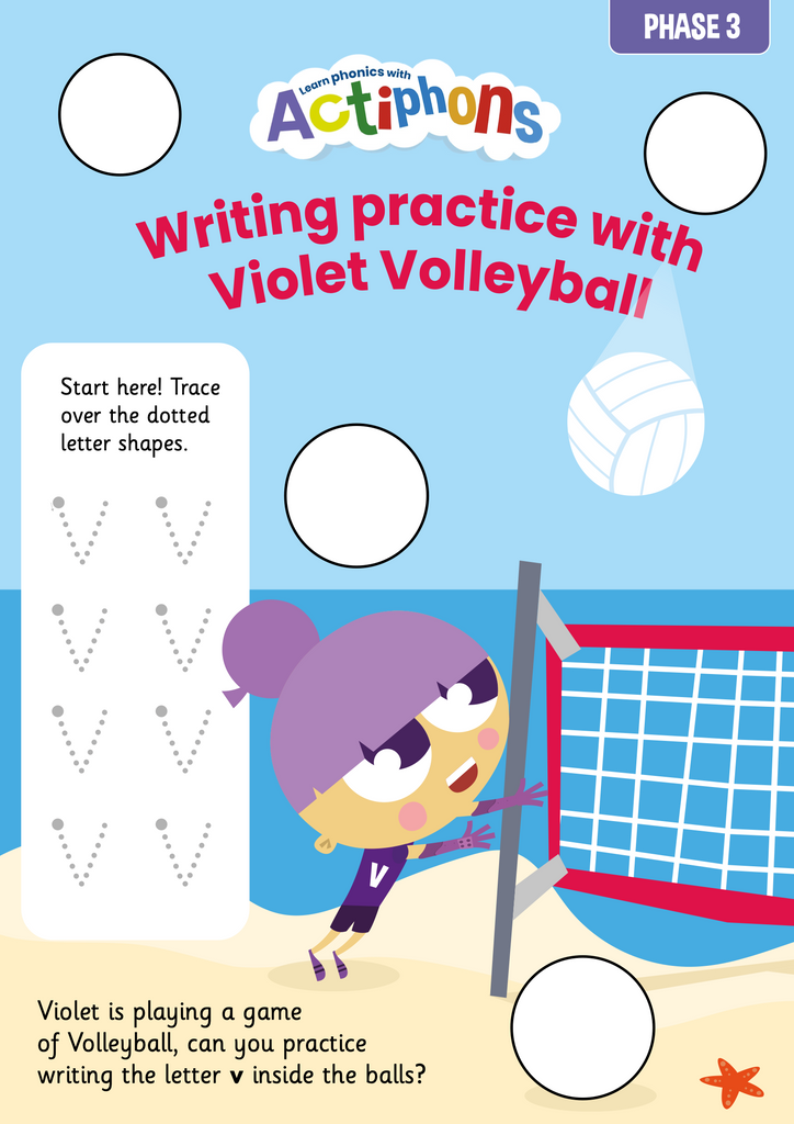 Phase 3 Phonics 'v' sound writing practise with Violet Volleyball