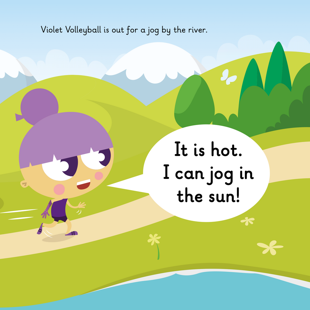 Learn phonics with Actiphons Violet Volleyball reading book page 2 Violet Volleyball is jogging by the river on a hot sunny day with her favourite purple shoes on