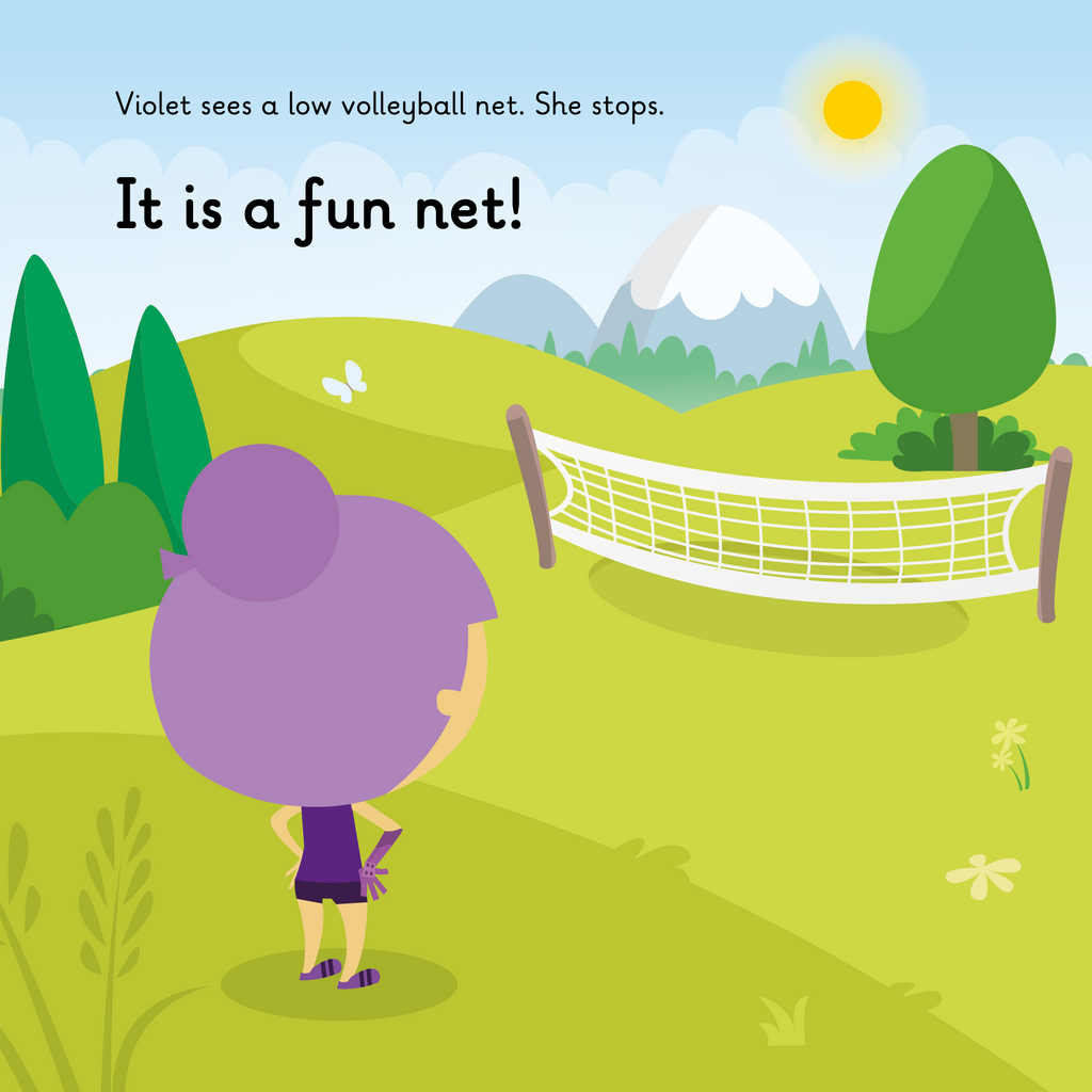 Learn phonics with Actiphons Violet Volleyball reading book page 3 Violet Volleyball comes across a low Volleyball net in the meadow on a hot sunny day