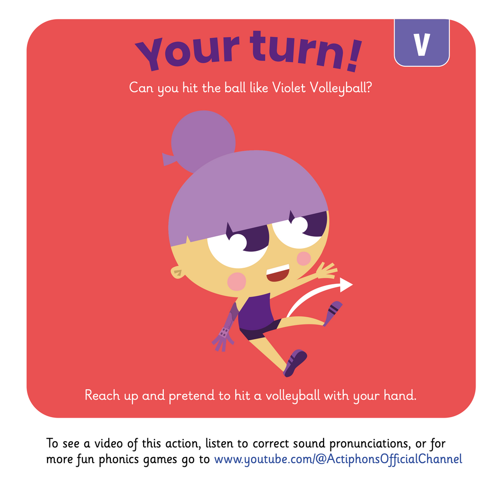 Learn phonics with Actiphons Violet Volleyball 'v' sound reading book Your Turn page showing children how to reach up and pretend to hit a volleyball with your hand like Violet Volleyball
