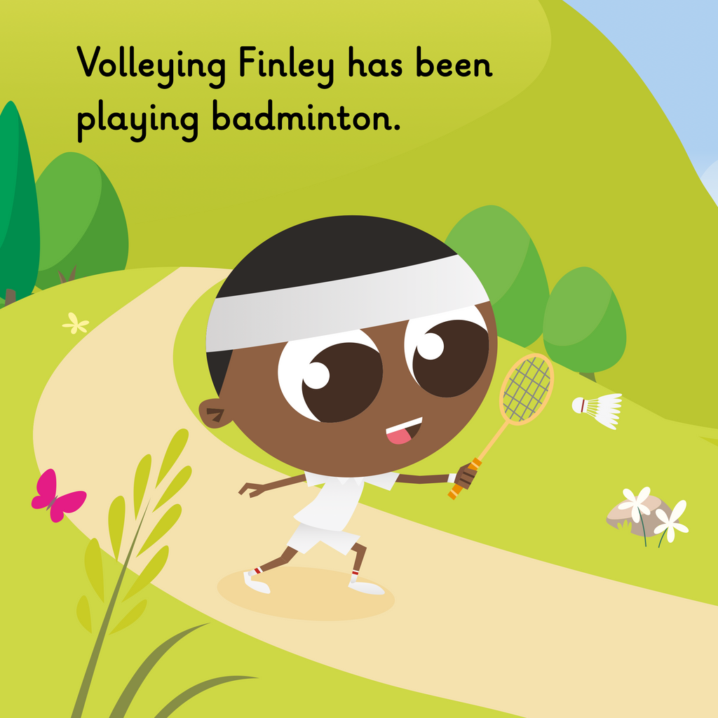 Learn phonics with Actiphons Volleying Finley reading book page 1  Volleying Finely is practising his badminton skills walking through the meadow wearing his all white badminton outfit including matching head band