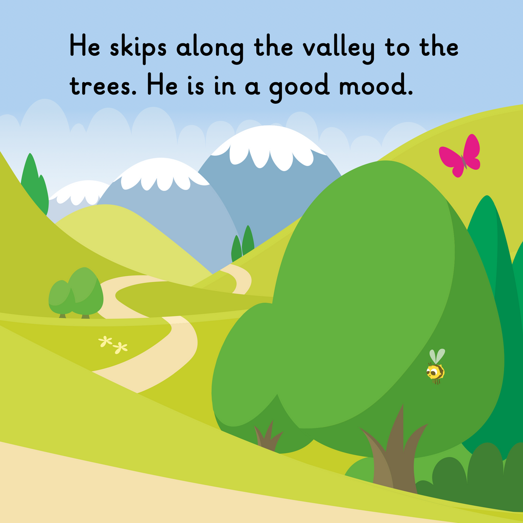 Learn phonics with Actiphons Volleying Finley reading book page 2 a view of the meadow with trees and mountains in the distance with a bee and butterfly flying by