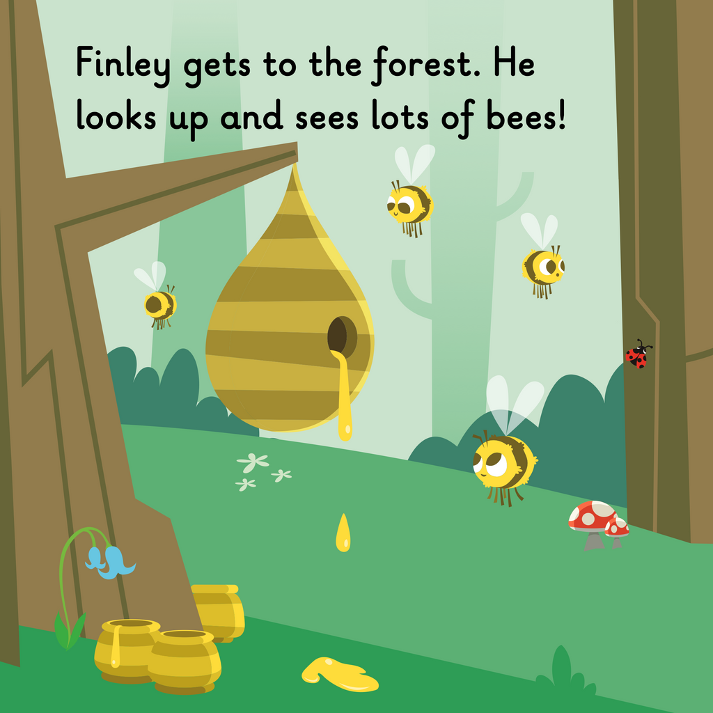 Learn phonics with Actiphons Volleying Finley reading book page 3 a bees hive is hanging down from a tree with honey dripping down and bees flying around it