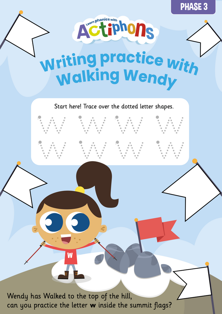 Phase 3 Phonics 'w' sound writing practise with Walking Wendy