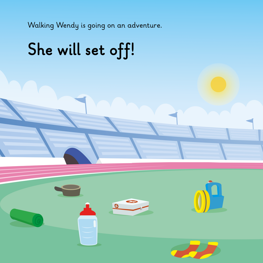 Learn phonics with Actiphons Walking Wendy reading book page 1 Walking Wendy is going on an adventure and is packing her mat, bottle, torch and socks inside the Active Arena