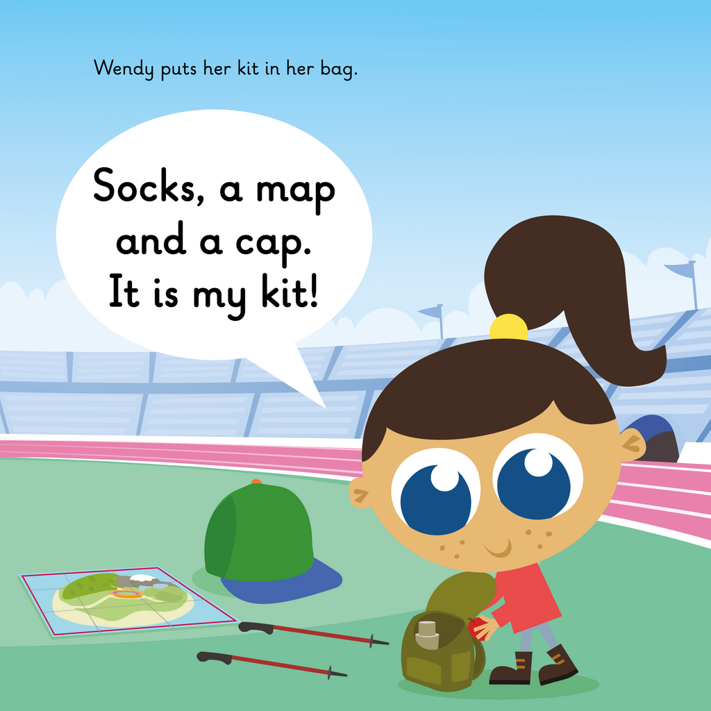 Learn phonics with Actiphons Walking Wendy reading book page 2 Walking Wendy has packed her bag and just has her hat, map and walking sticks left out on the floor 